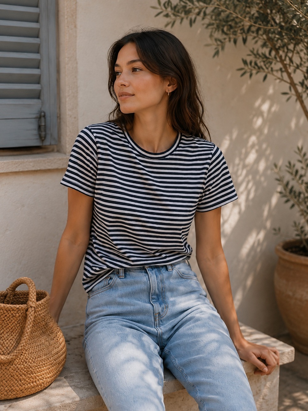 Everlane Navy and White Striped Short Sleeve Tee Size Small